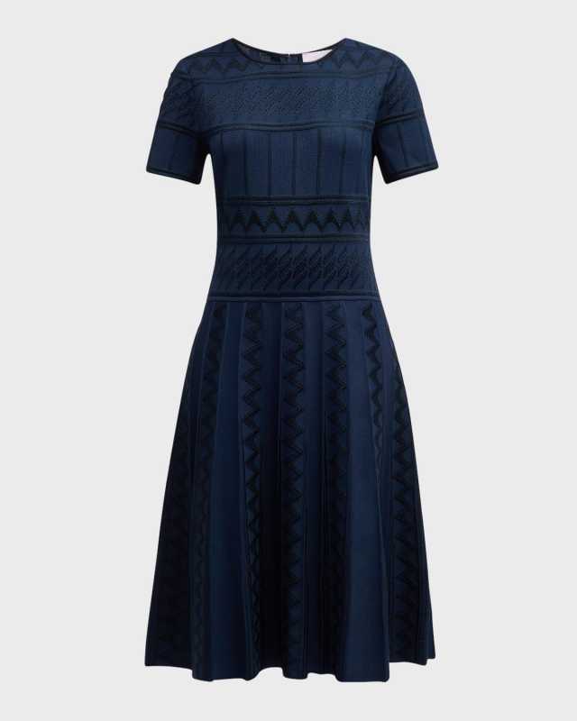 Short-Sleeve Pointelle Pleated Knit Dress