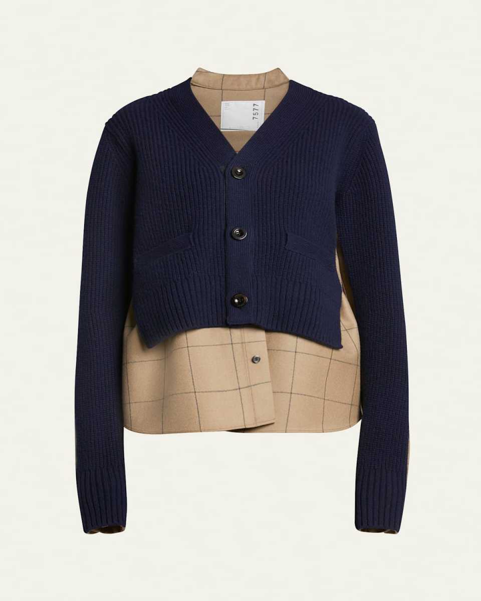 Hybrid Windowpane Print Top with Cardigan Overlay