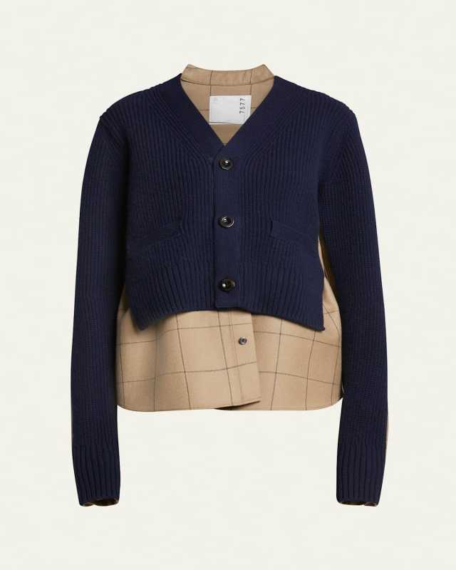 Hybrid Windowpane Print Top with Cardigan Overlay