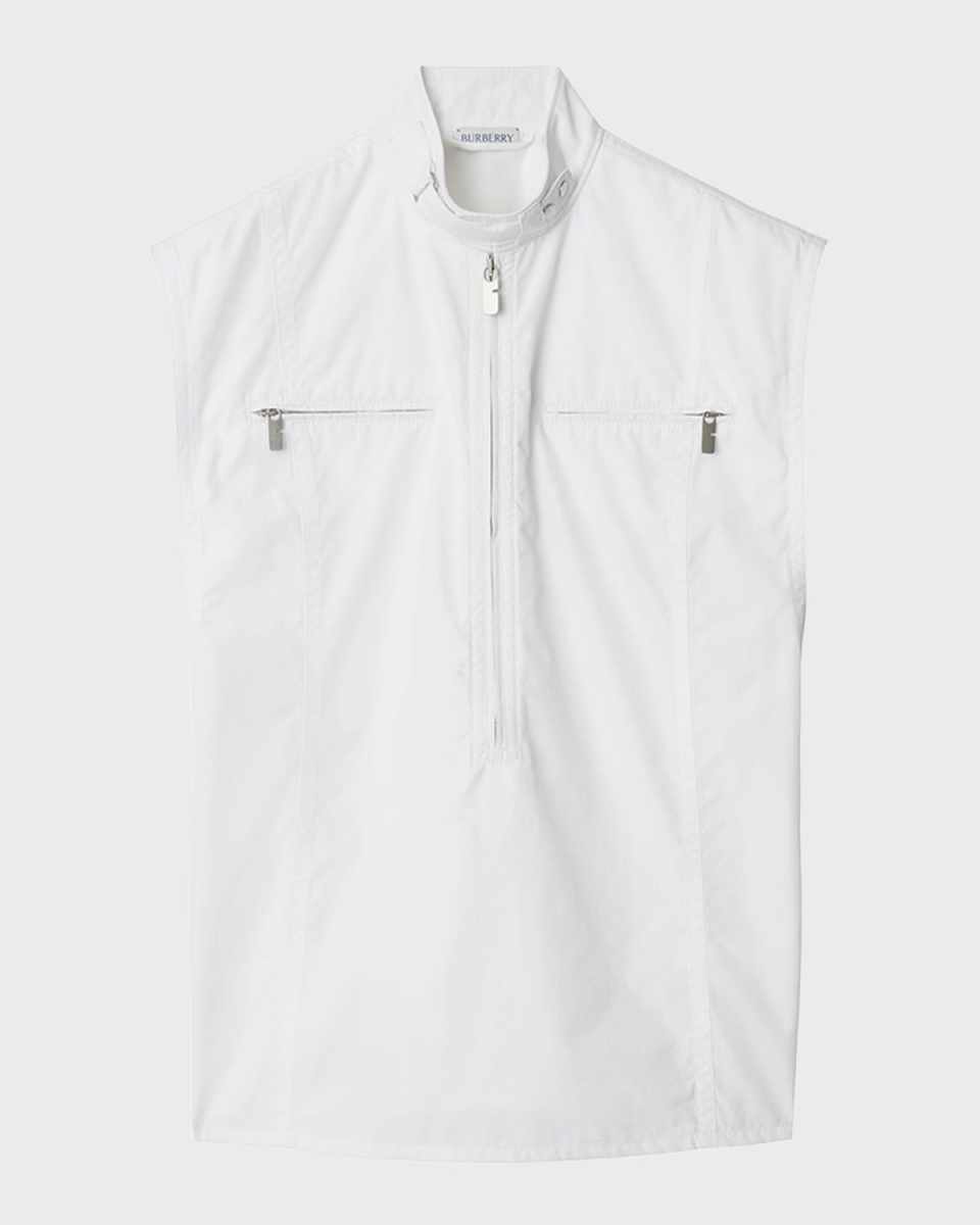 Band-Collar Sleeveless Zip-Front Woven Top