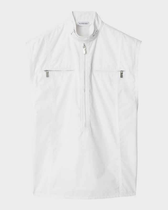 Band-Collar Sleeveless Zip-Front Woven Top
