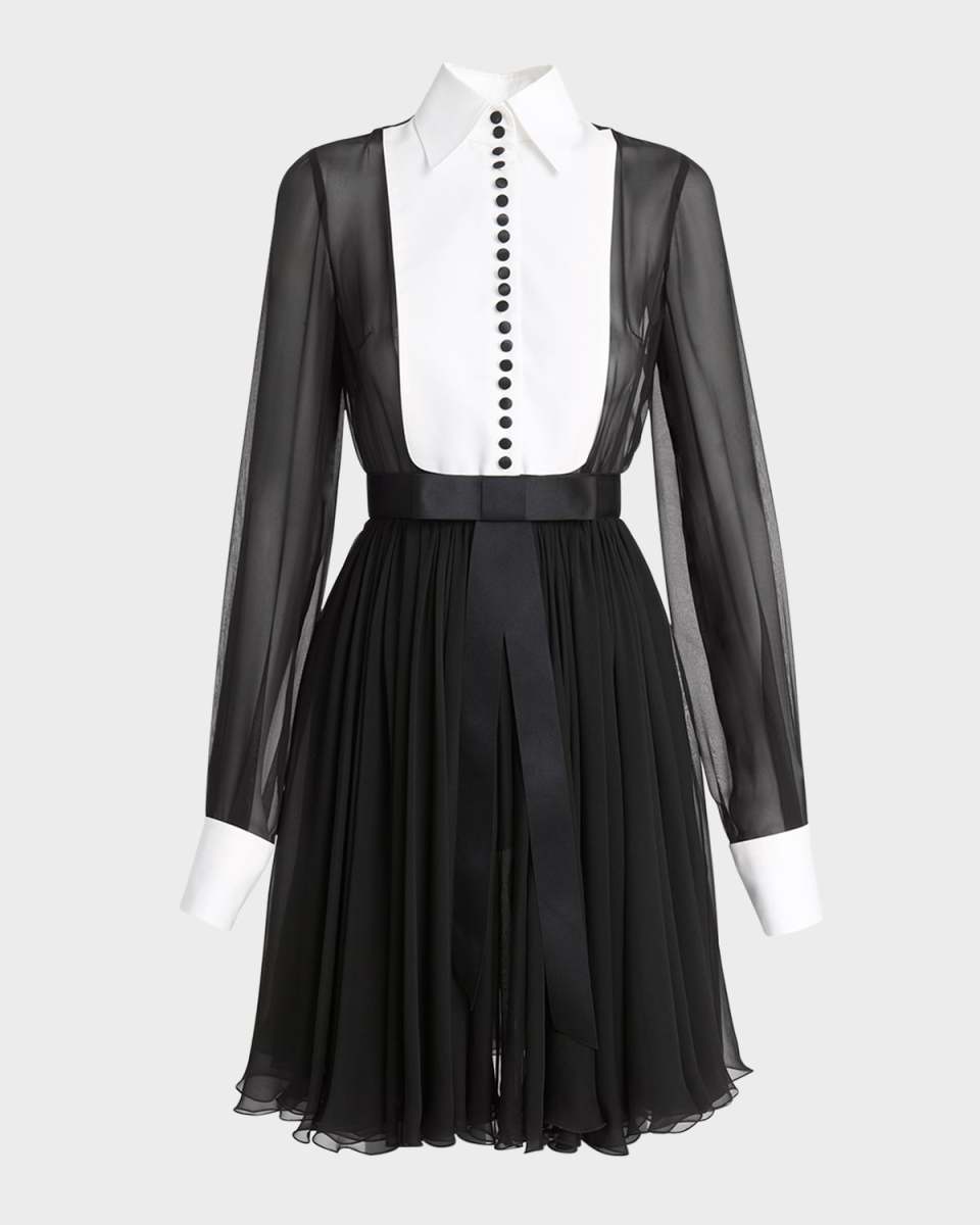 Seta Bib-Front Long-Sleeve Pleated Chiffon Shirtdress