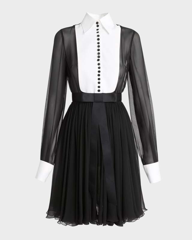 Seta Bib-Front Long-Sleeve Pleated Chiffon Shirtdress