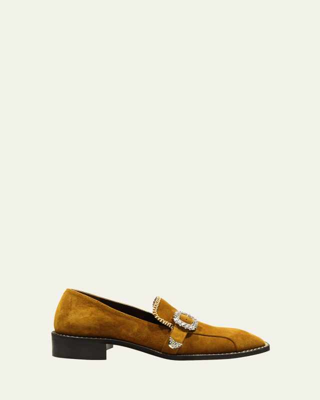 Suede Embellished Buckle Slip-On Loafers