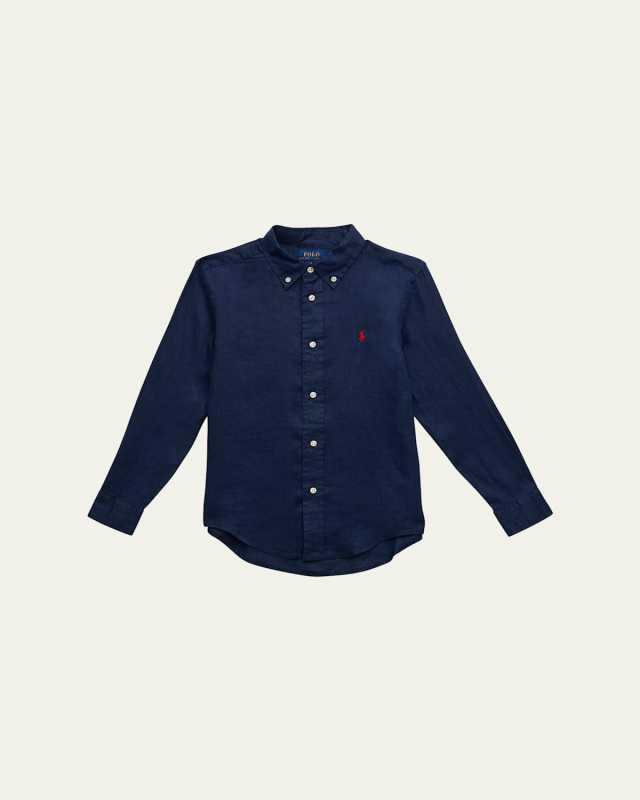 Boy's Linen Long-Sleeve Button-Front Shirt. Size 2-7