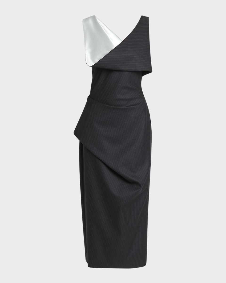 Draped Pinstripe Sleeveless Midi Day Dress