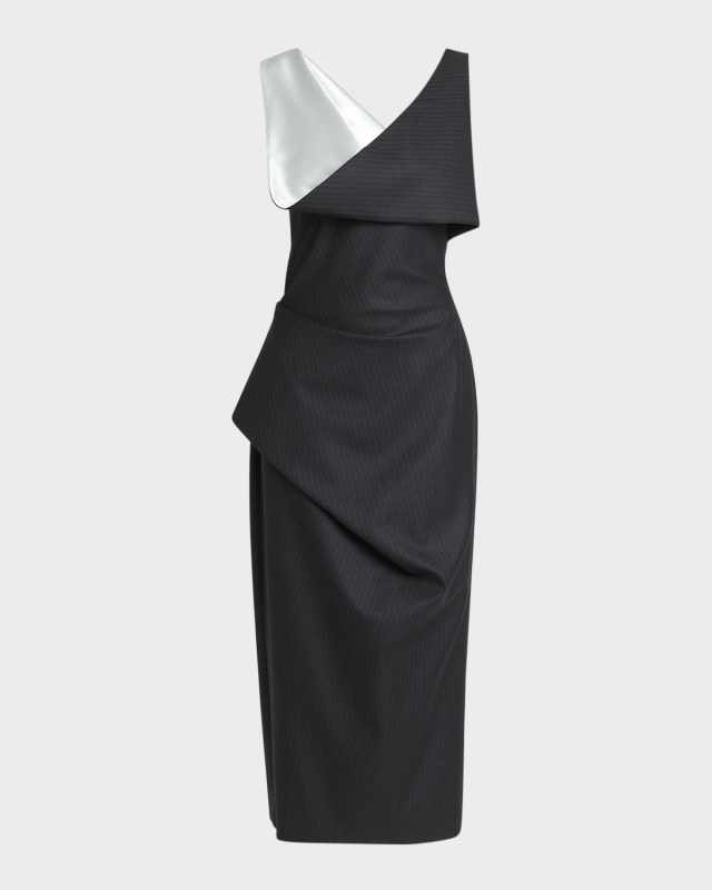 Draped Pinstripe Sleeveless Midi Day Dress