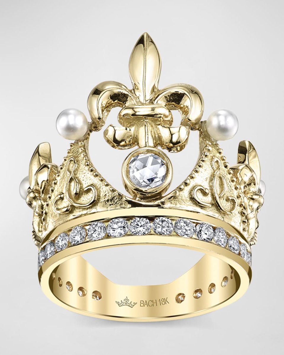 18k Fleur-de-Lis Diamond & Pearl Crown Ring, Size 5.75