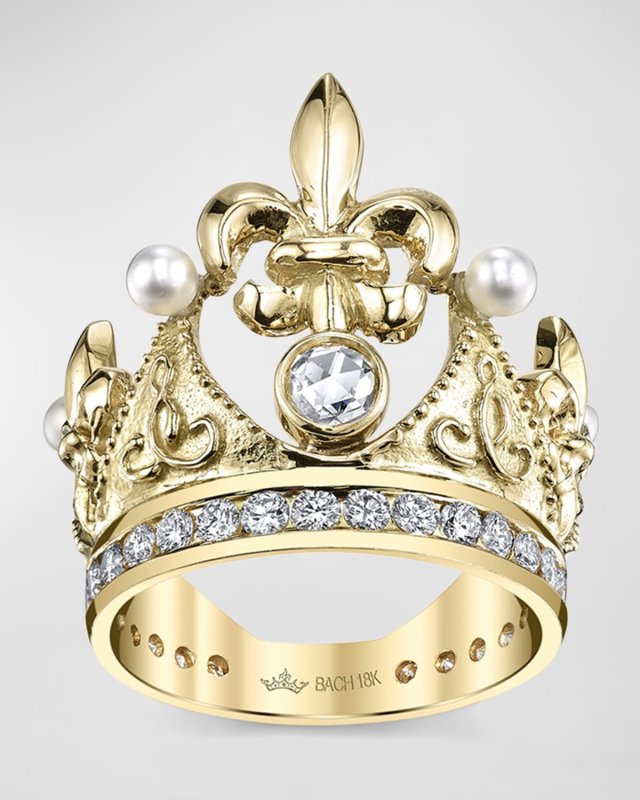 18k Fleur-de-Lis Diamond & Pearl Crown Ring, Size 5.75
