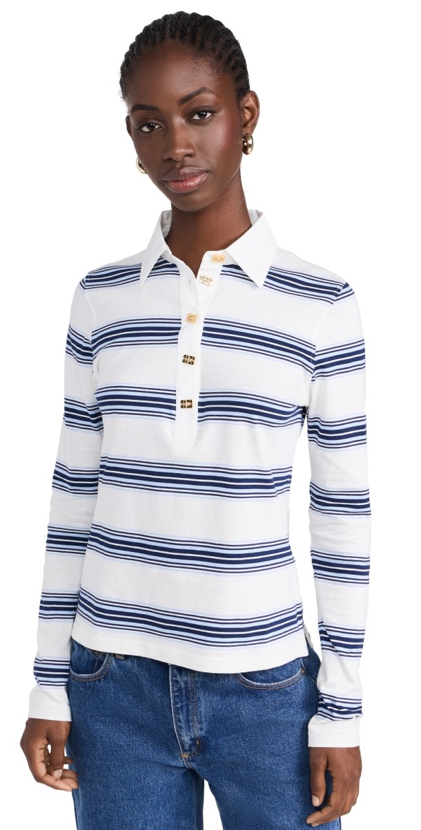 GANNI Thin Jersey Long Sleeve Polo Tee Multicolour