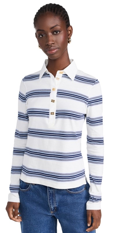 GANNI Thin Jersey Long Sleeve Polo Tee Multicolour