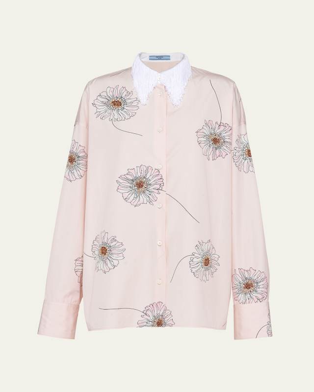 Gerbera Print Poplin Button Down Blouse with Fringe Collar