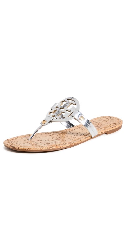 Tory Burch Miller Sandals with Rivits + Handtack Stitch Silver / Natural