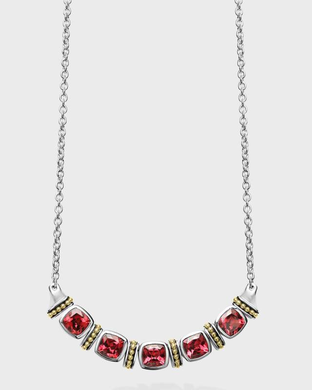 Caviar Color Rhodolite Garnet 6mm Cushion-Set 5-Stone Chain Necklace