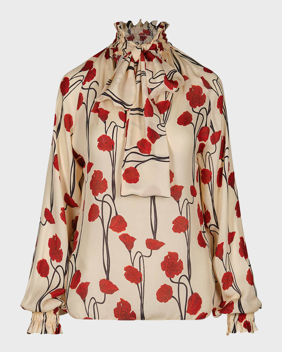 Red Petals Neck-Tie Long-Sleeve Silk Top