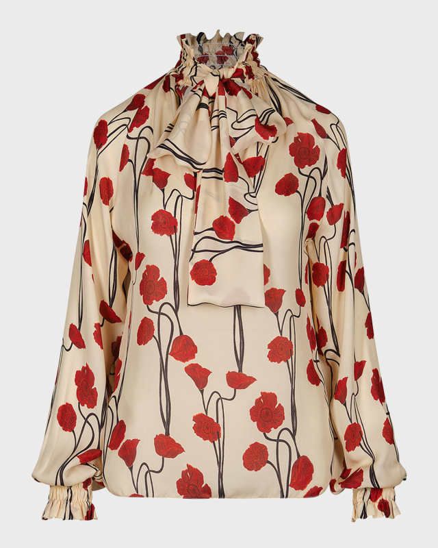 Red Petals Neck-Tie Long-Sleeve Silk Top