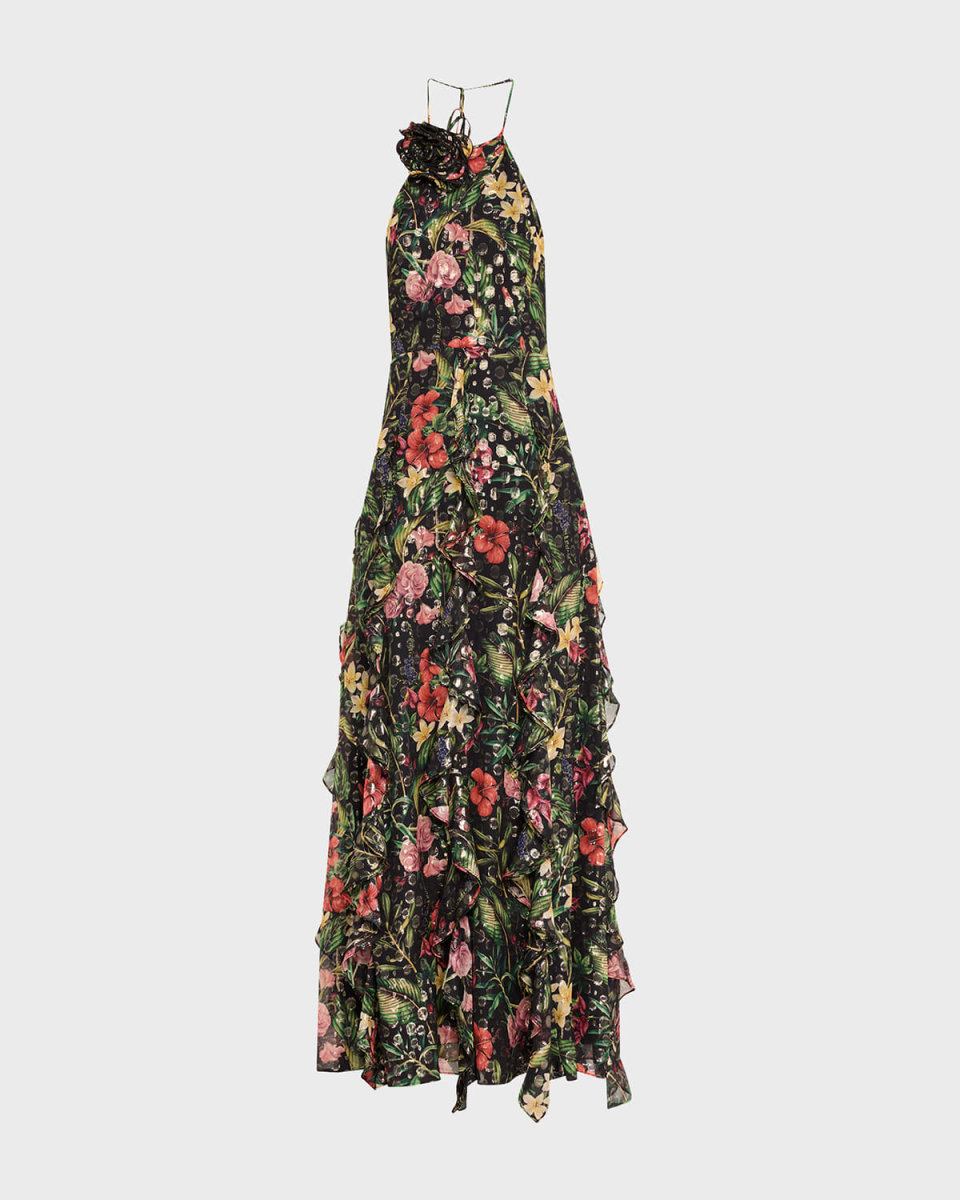 Idella Metallic Floral-Print Ruffle Halter Gown