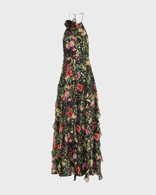 Idella Metallic Floral-Print Ruffle Halter Gown