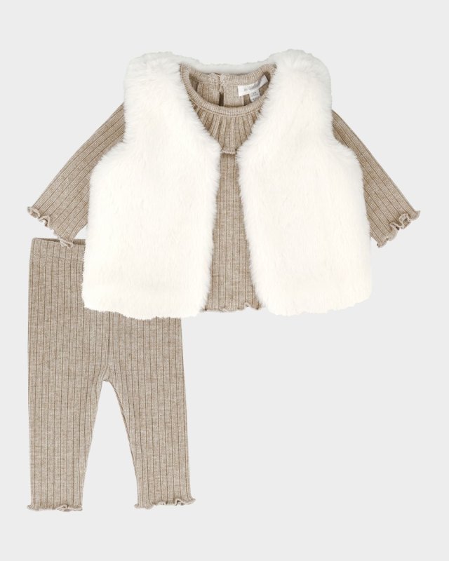 Girl's Faux Fur Vest W/ Top & Leggings Set, Size 3M-24