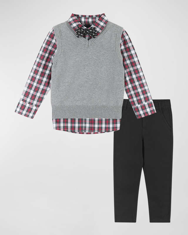 Boy's Holiday Checkered Button Down W/ Sweater Vest & Bow Tie, Size 2-7