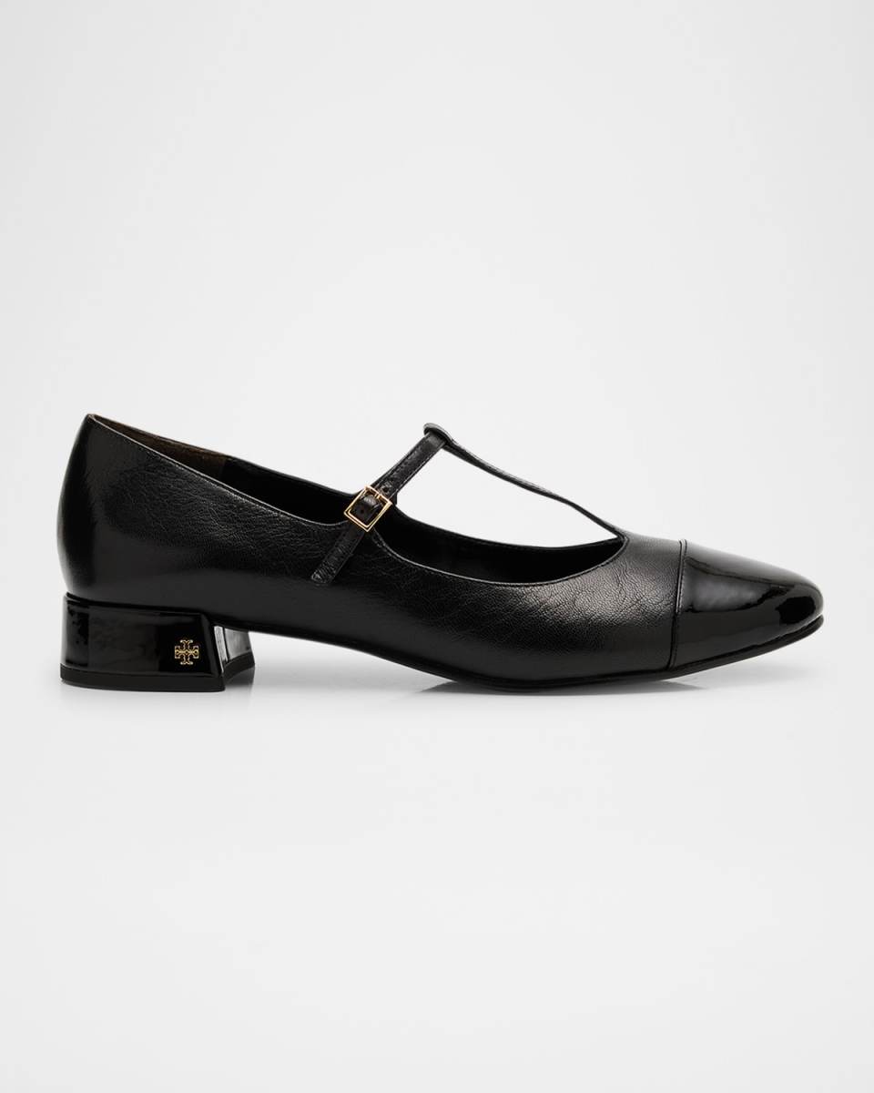Mixed Leather T-Strap Ballerina Flats