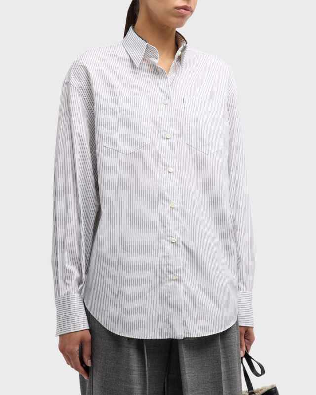 Striped Poplin Button-Front with Monili Trim