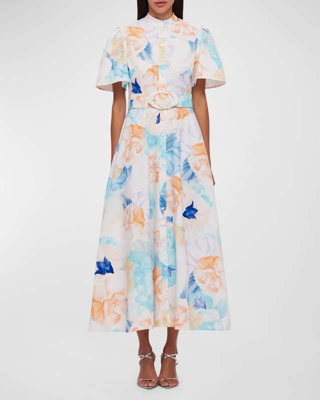 Bianca Belted Floral-Print Midi Shirtdress