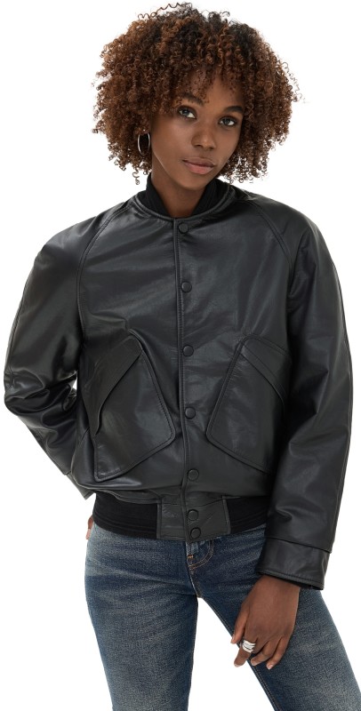 Victoria Beckham Leather Varsity Jacket Black