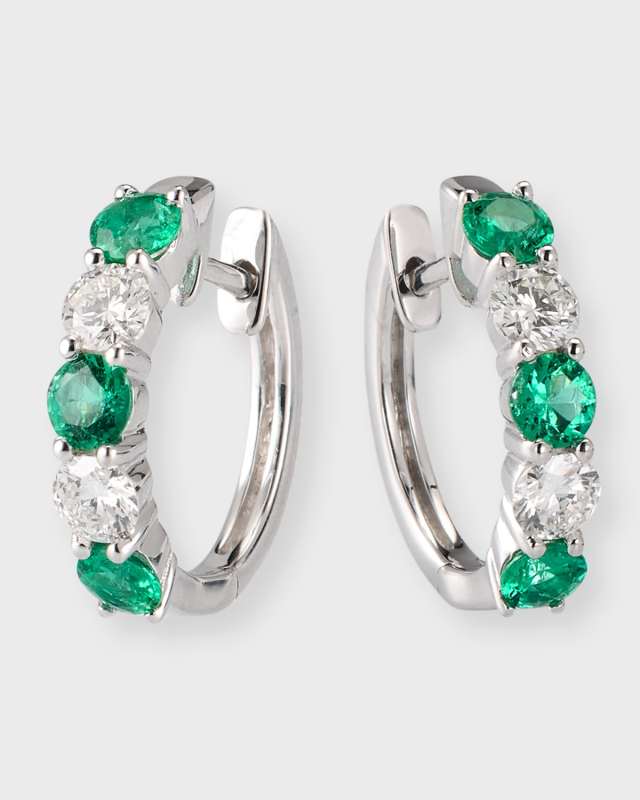 18K White Gold Earrings with 3.3mm Alternating Emeralds and Diamonds