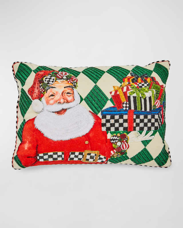 Jolly Holiday Santa with Packages Beaded Lumbar Pillow