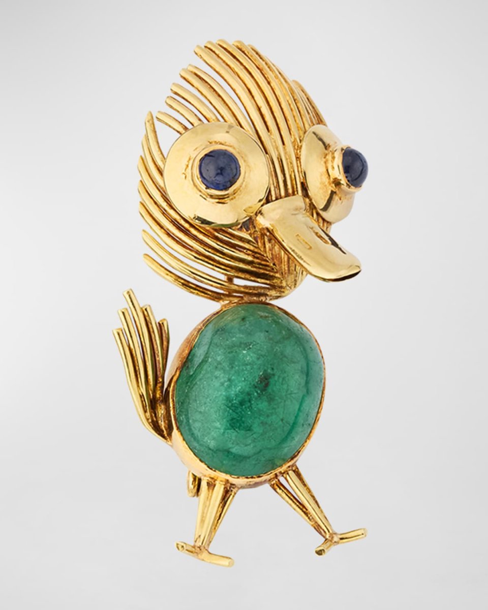 Estate 18K Yellow Gold Emerald and Sapphire Duck Brooch