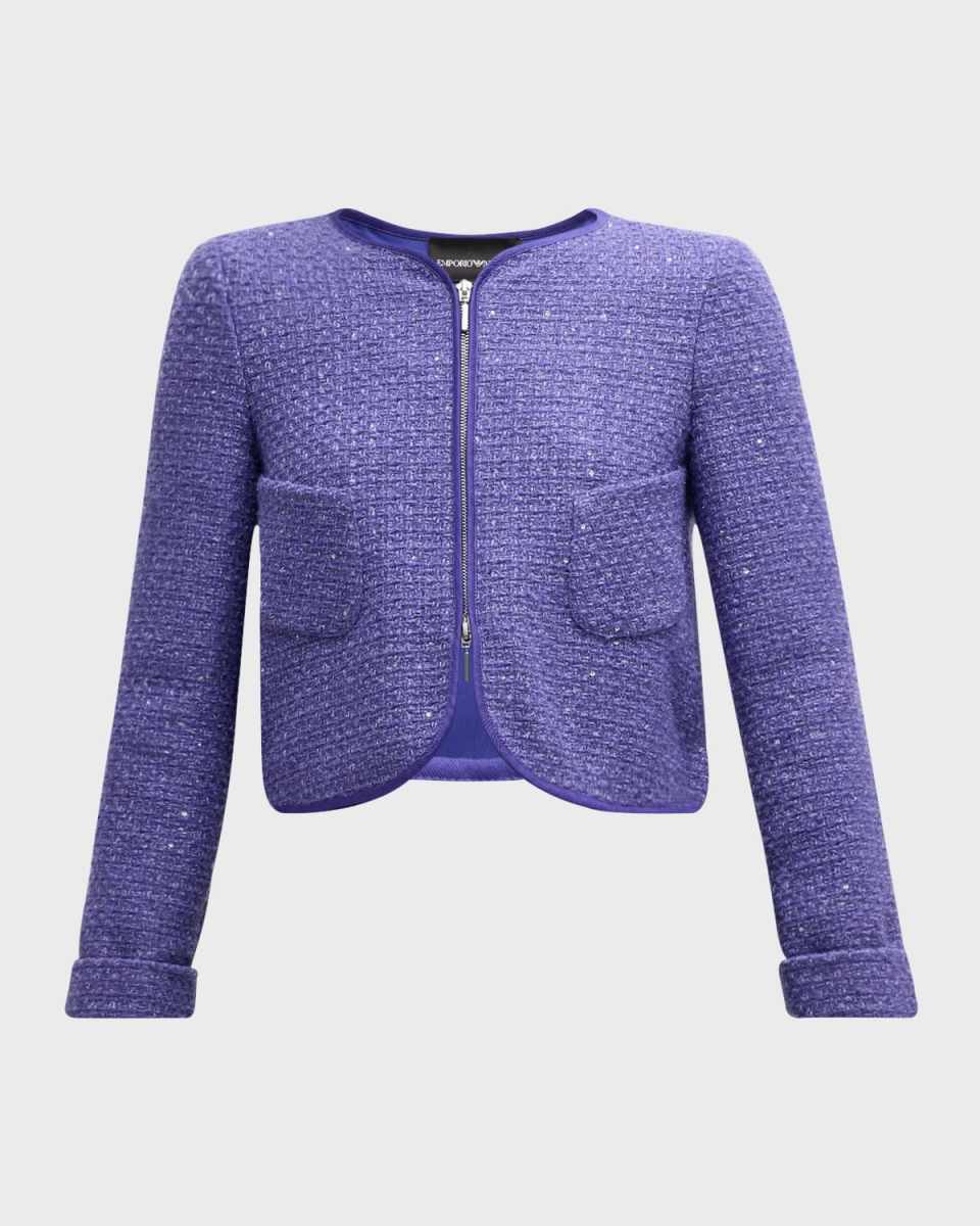 Cropped Zip-Front Sequin Tweed Jacket