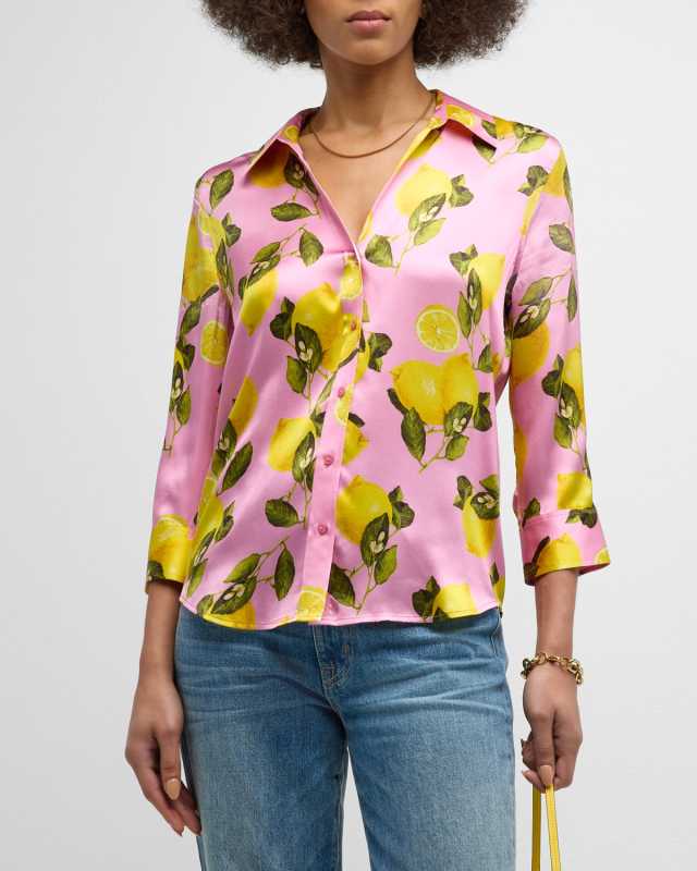 Dani 3/4-Sleeve Lemon-Print Blous