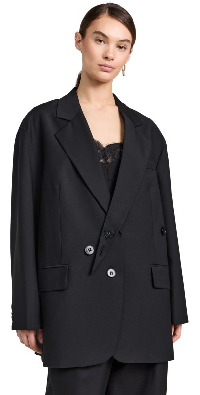 Tibi Tropical Wool Detached Lapel Liam Blazer Black