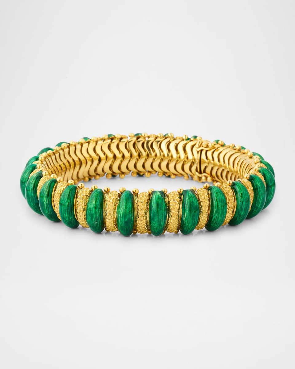 Estate 18K Yellow Gold and Green Enamel Stippled Bracelet