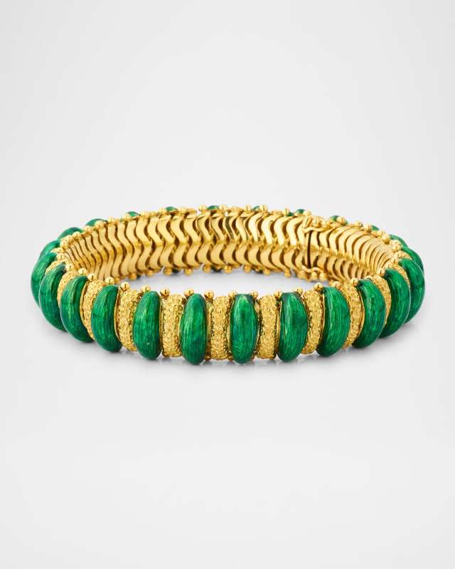 Estate 18K Yellow Gold and Green Enamel Stippled Bracelet