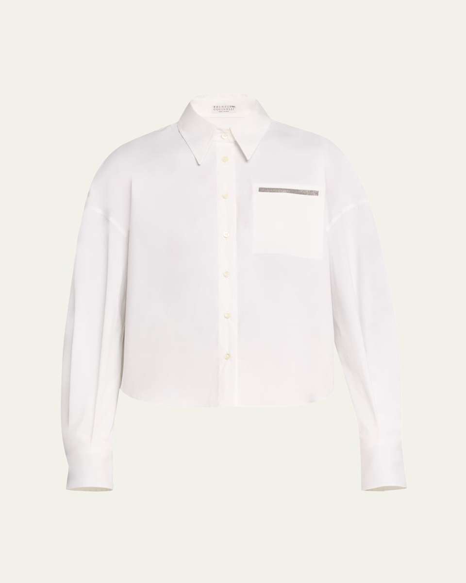 Cotton Poplin Button-Front Shirt with Monili Detail