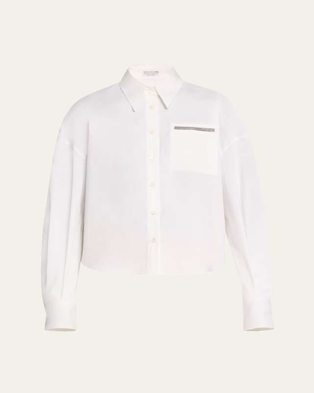 Cotton Poplin Button-Front Shirt with Monili Detail