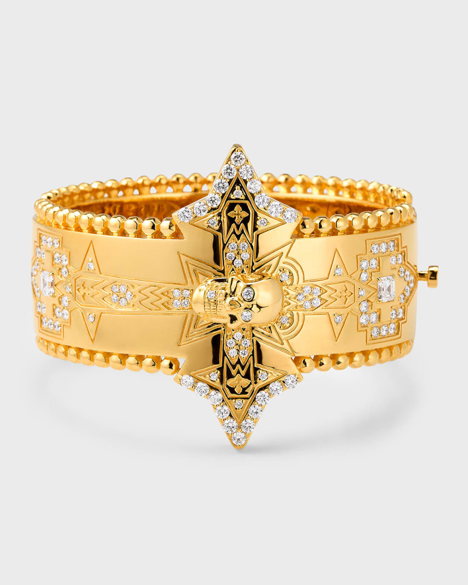 20K Yellow Gold Hinged Cuff with Skull and Cross