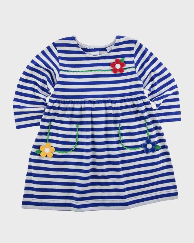 Girl's Striped Dress W/ 3D Floral Details, Size 12M-6