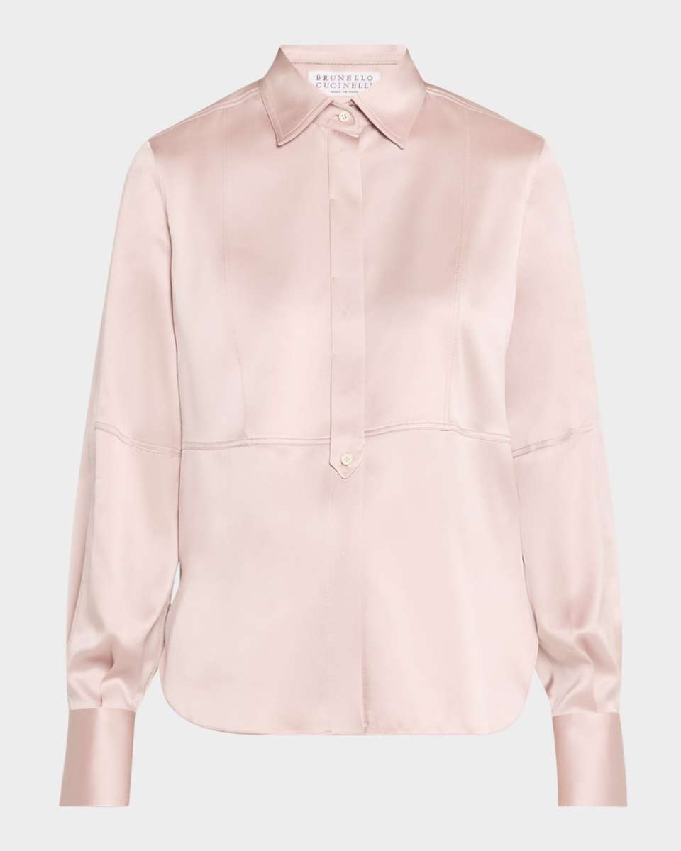 Bib-Front Long-Sleeve Silk Satin Stretch Blouse