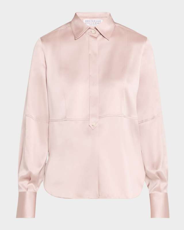 Bib-Front Long-Sleeve Silk Satin Stretch Blouse