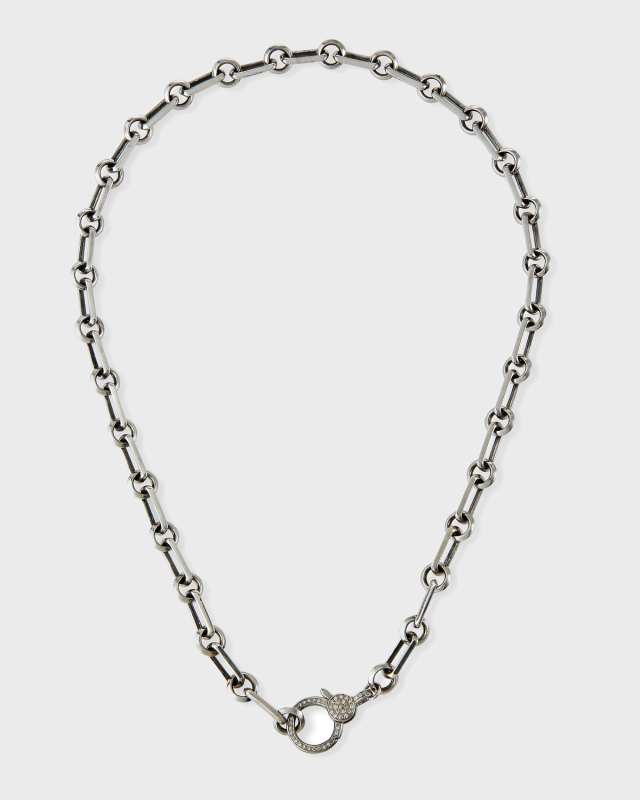 Oxidized Sterling Silver 7mm Curb Chain Necklace with Diamond Clasp