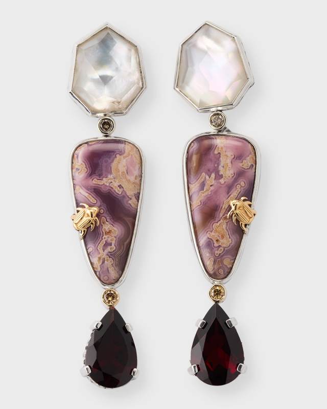 Quartz Mother-of-Pearl, Laguna Agate and Garnet Earrings with Champagne Diamonds