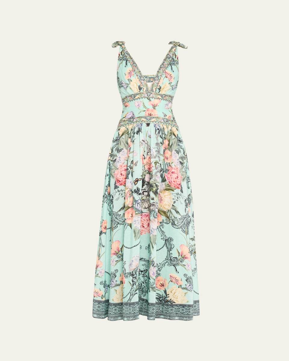 Tie-Shoulder Sleeveless Floral Silk Maxi Dress