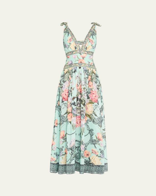 Tie-Shoulder Sleeveless Floral Silk Maxi Dress