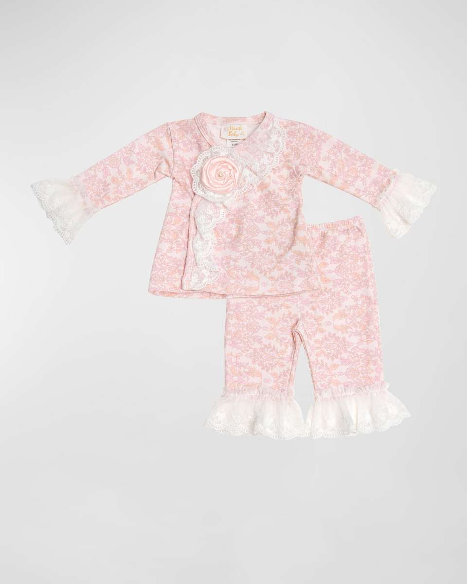 Girl's Delicate Damask Floral-Print Two-Piece Set, Size Newborn-