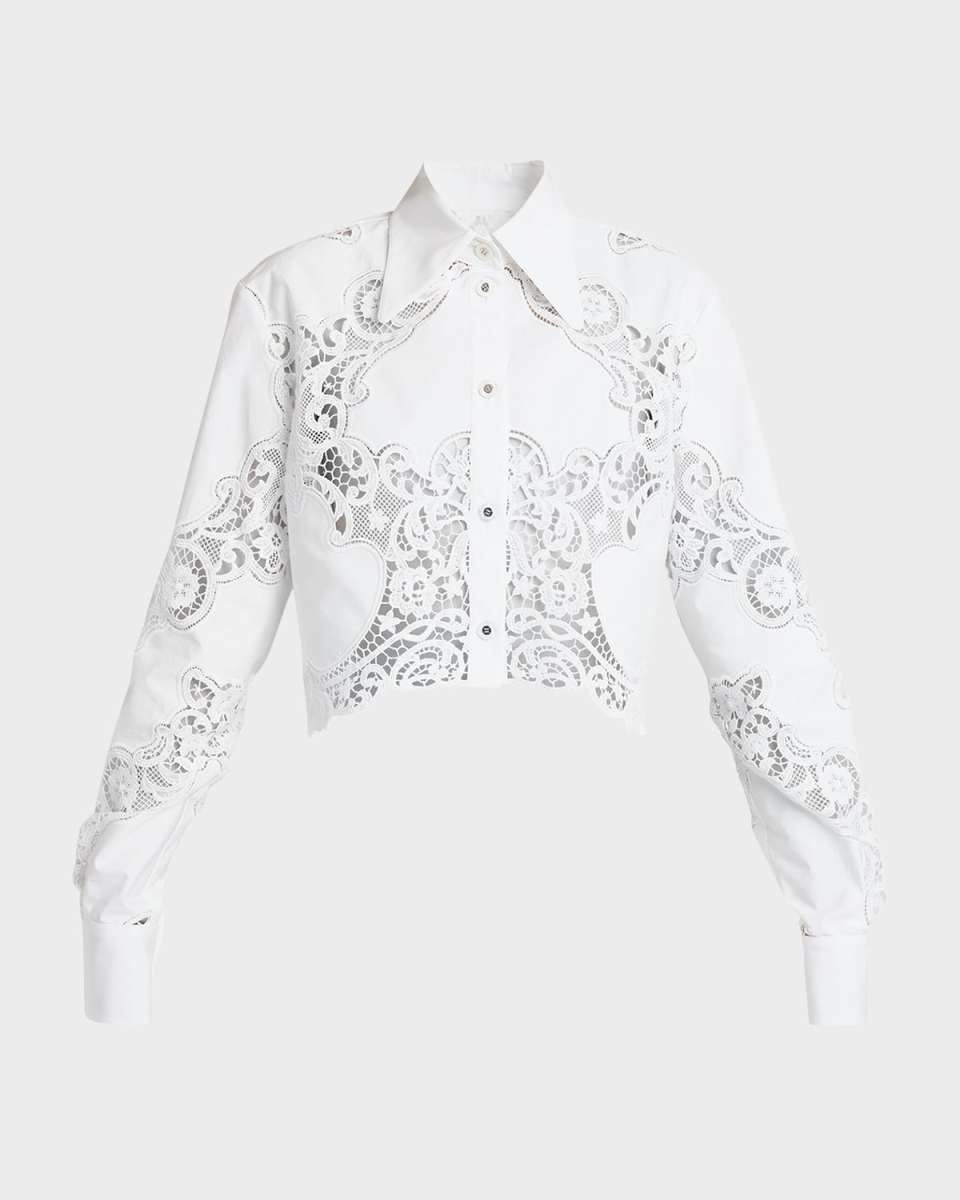 Poplin Button-Front Shirt with Cutwork Lace Embroidery