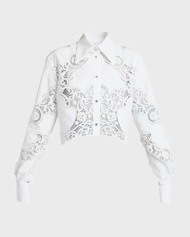 Poplin Button-Front Shirt with Cutwork Lace Embroidery