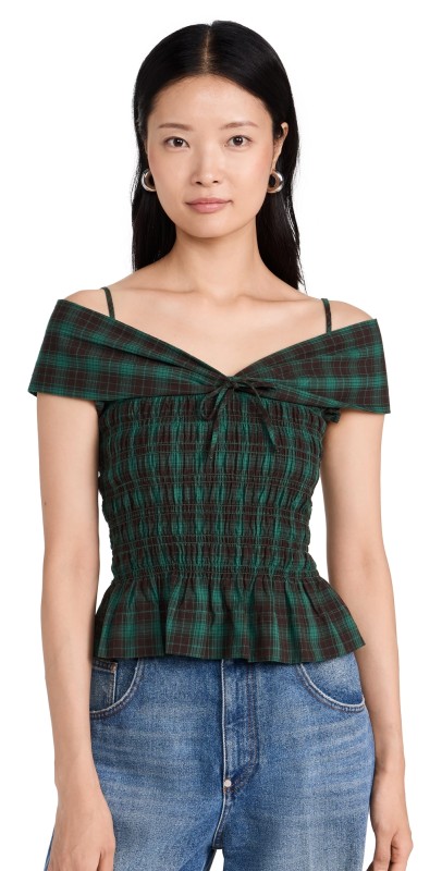 Damson Madder Elsa Shirred Bardot Cami Green Check